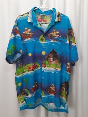 Happy Bay Men's XL/L Aloha Shirt Blue Tropical Pirate Ship VW Beetle Woodie Car